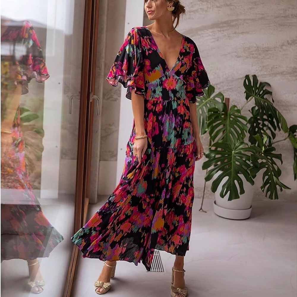 BRAND NEW- Black Floral V-Neck Maxi Dress with Bright Multicolor Print